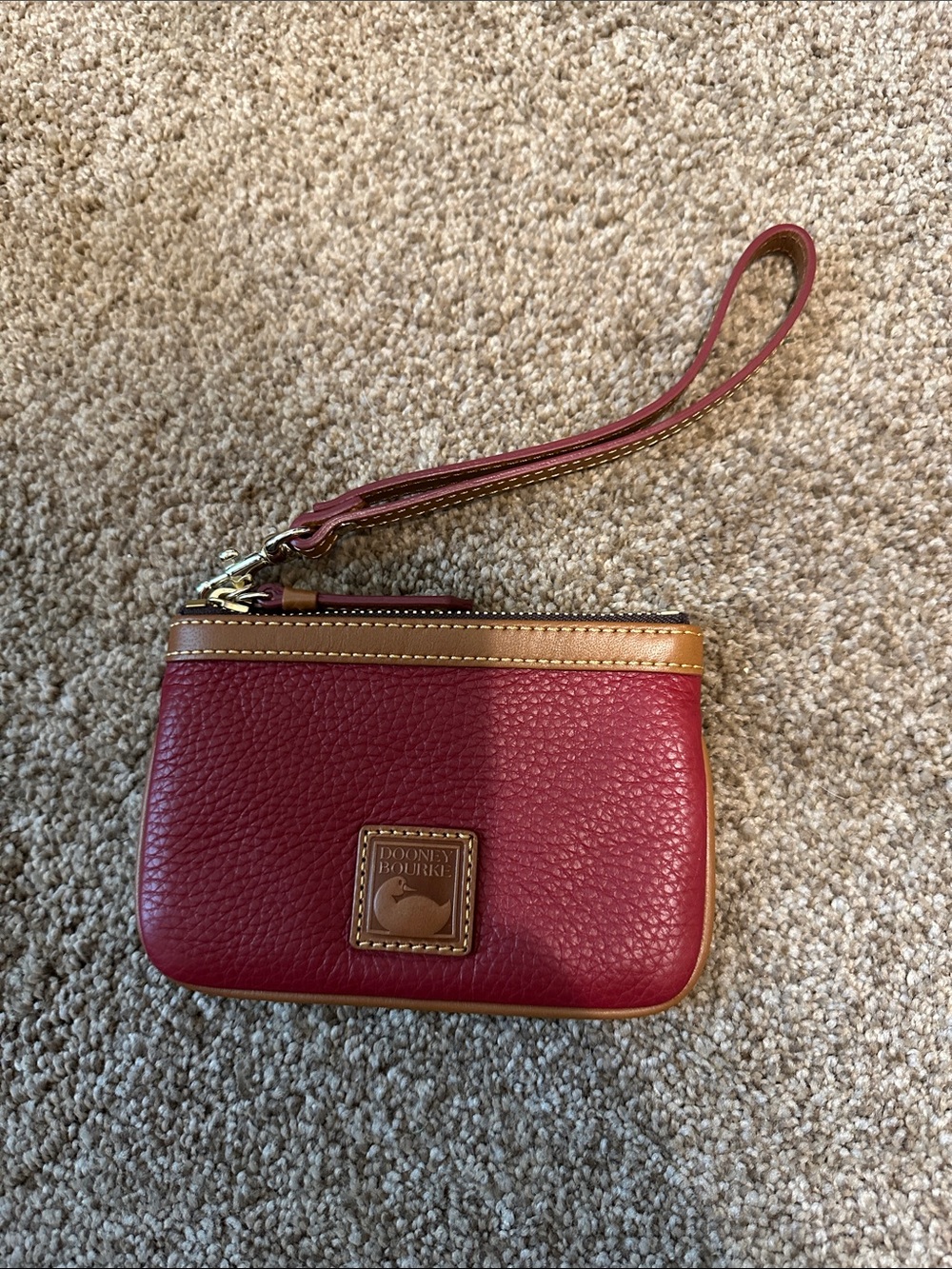 Dooney & Bourke Small Red Pebble Leather Wristlet with Tan Trim